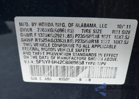 2012 Honda Pilot Ex z USA, uszkodzony, nr VIN 5FNYF4H42CB009658